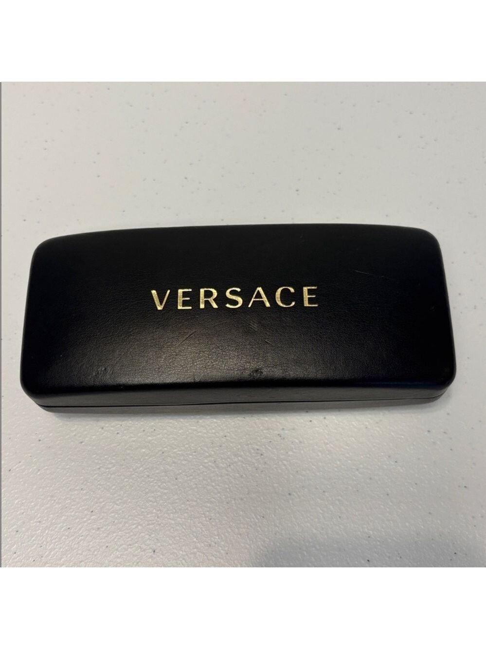 VERSACE hard shell eyeglass case black sunglasses case gold tone logo